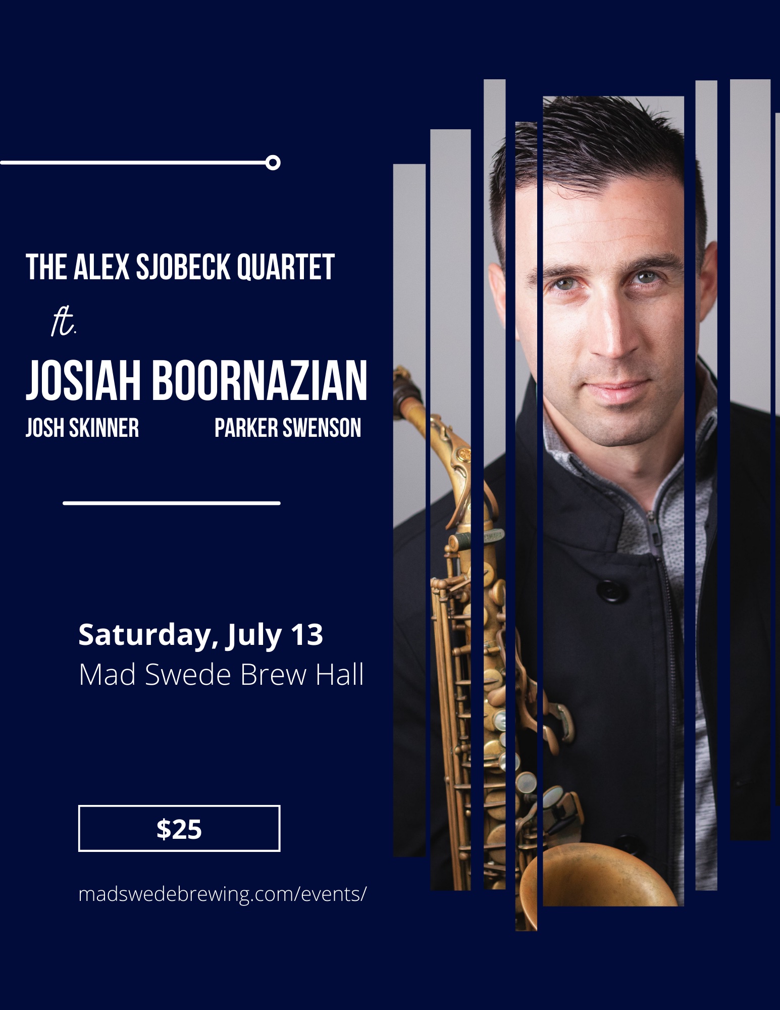 Josiah Boornazian holds a saxophone and stares into the camera. 