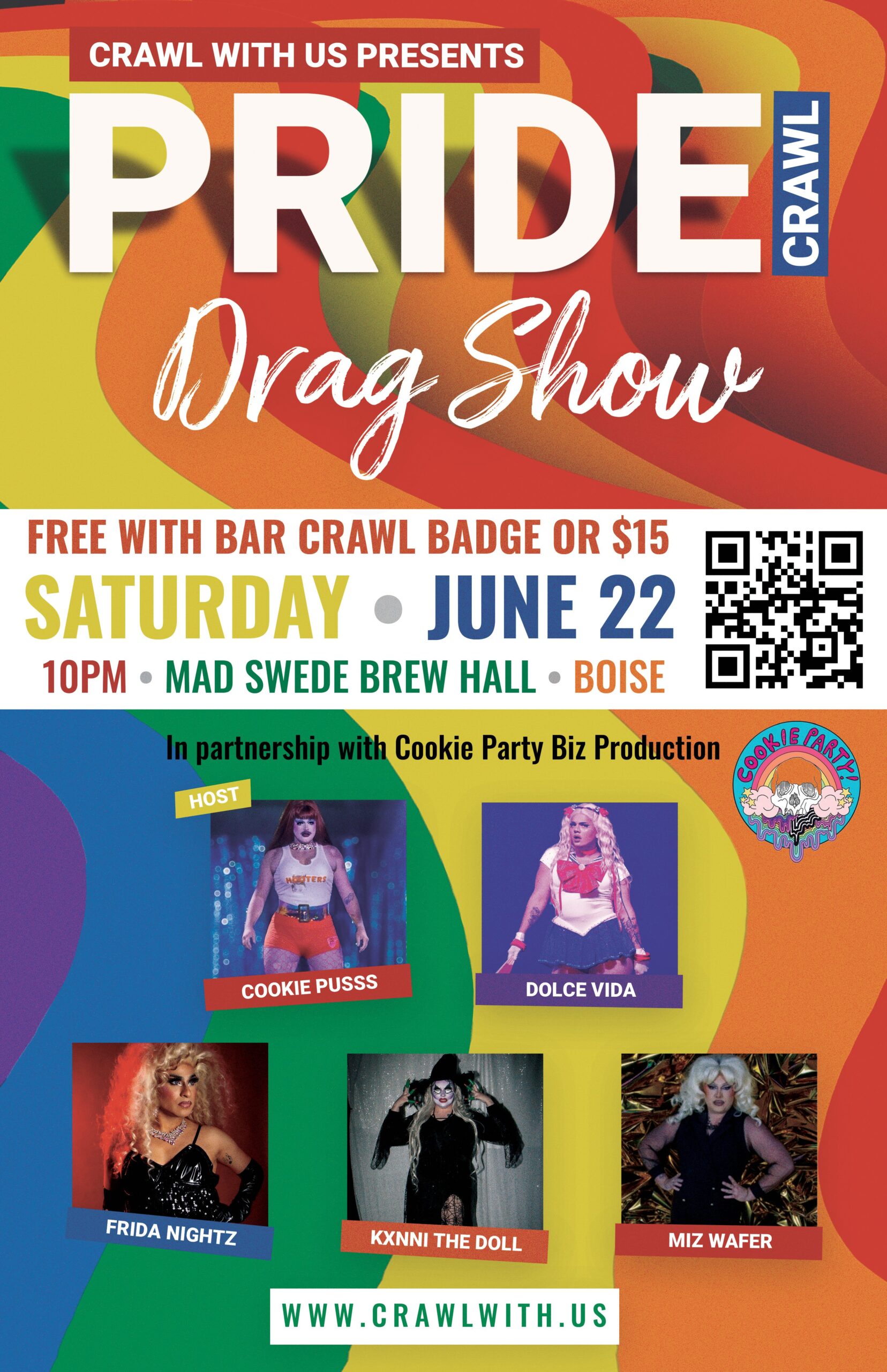 A fun rainbow print poster titled "PRIDE Drag Show" with pictures of five fabulous drag queens.