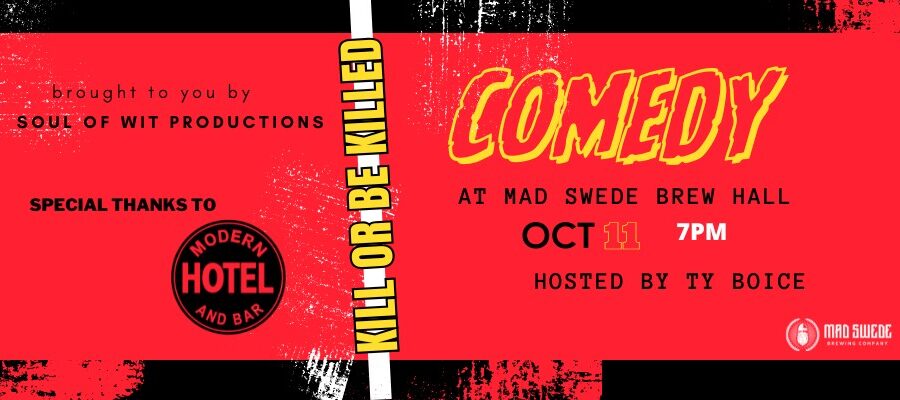 text on a blood red background "Audience suggests topics, comics create material, audience decides who move on AND DOESN'T"