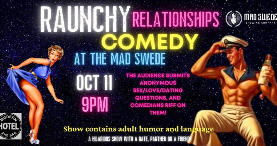 Sexy lady in a blue dress holding it up to expose her thigh, shirtless muscular man on a black background.