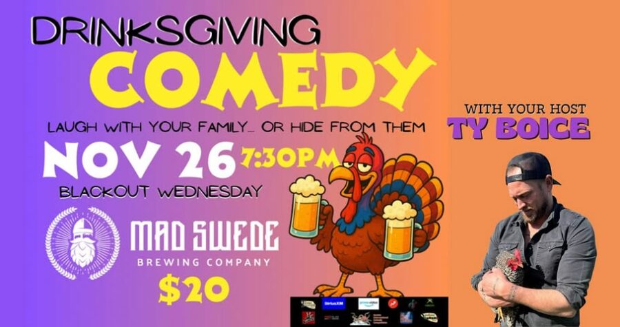 Drinksgiving stand up comedy event cover featuring a photo of Ty Boice holding a speckled chicken alongside a cartoon turkey holding a beer in each "hand" (aka wing).