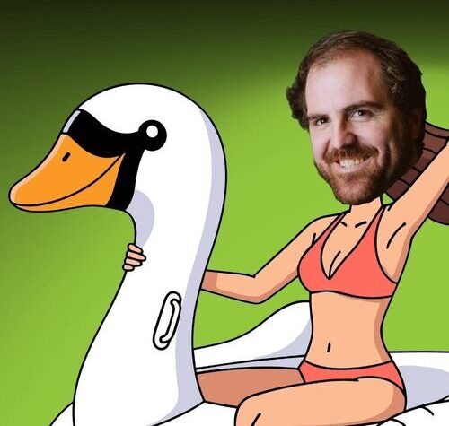 Stand up comedy; Greg Sisco's head on a cartoon ladie's body, wearing a bikini and riding a swan